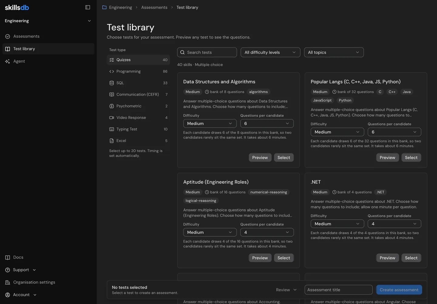 SkillsDB test library with available assessment categories and search