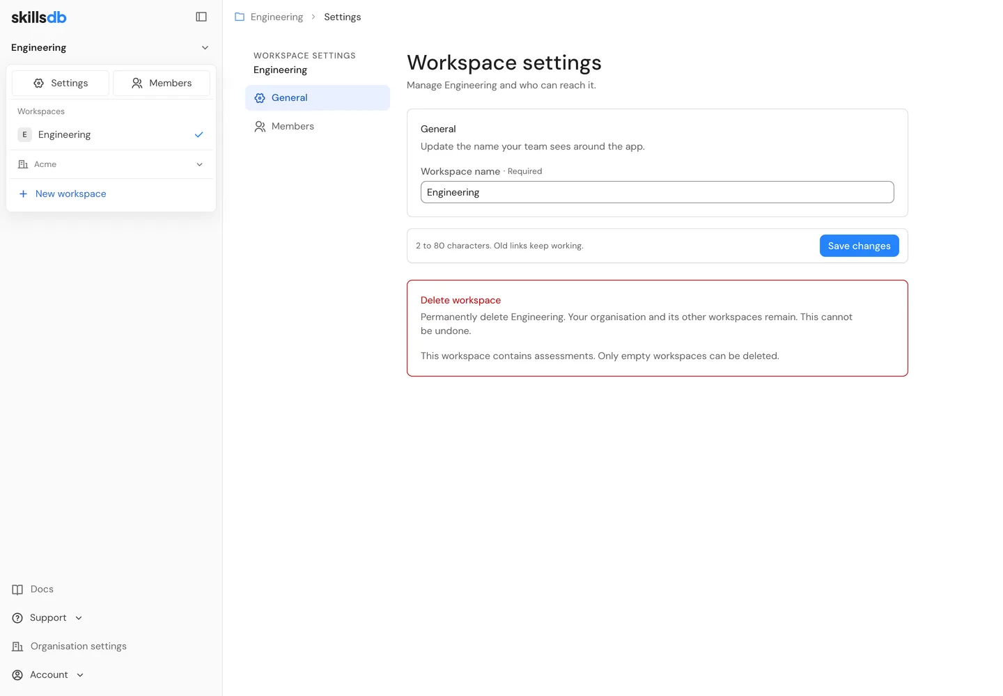 Workspace dropdown with Settings and Members shortcuts beside the General settings page