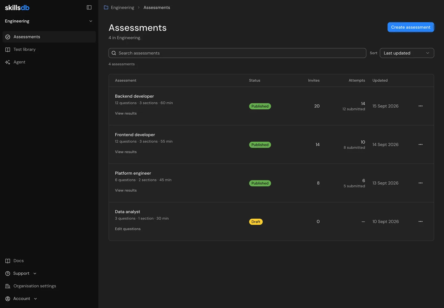 SkillsDB workspace showing the assessment list and sidebar navigation