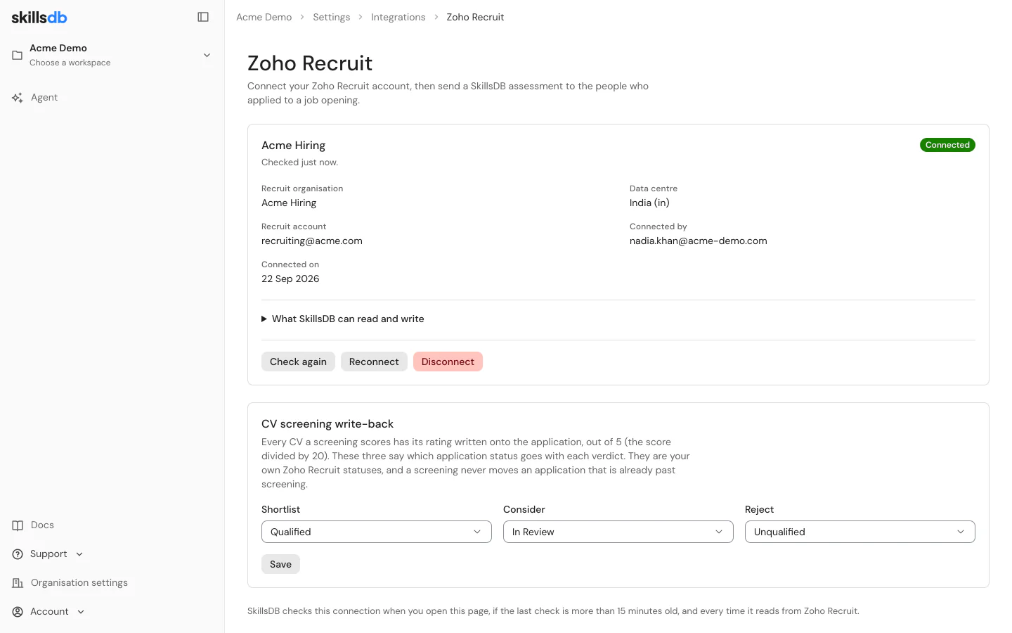 The Zoho Recruit page in SkillsDB after a connection is made, showing the Connected card with the Recruit company name, its data centre, the Recruit account, who connected it and when, and the CV screening write-back card below it