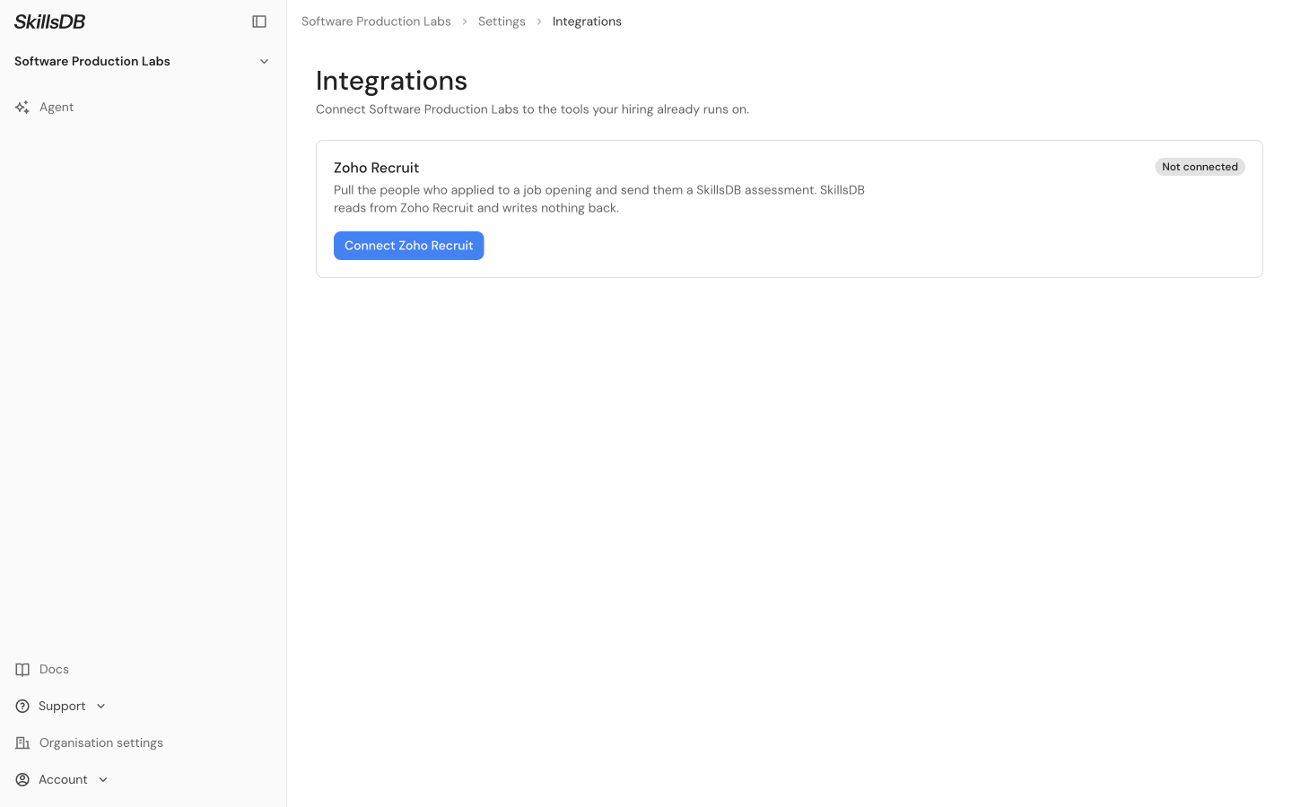 The Integrations page in SkillsDB organisation settings, showing the Zoho Recruit card marked Not connected