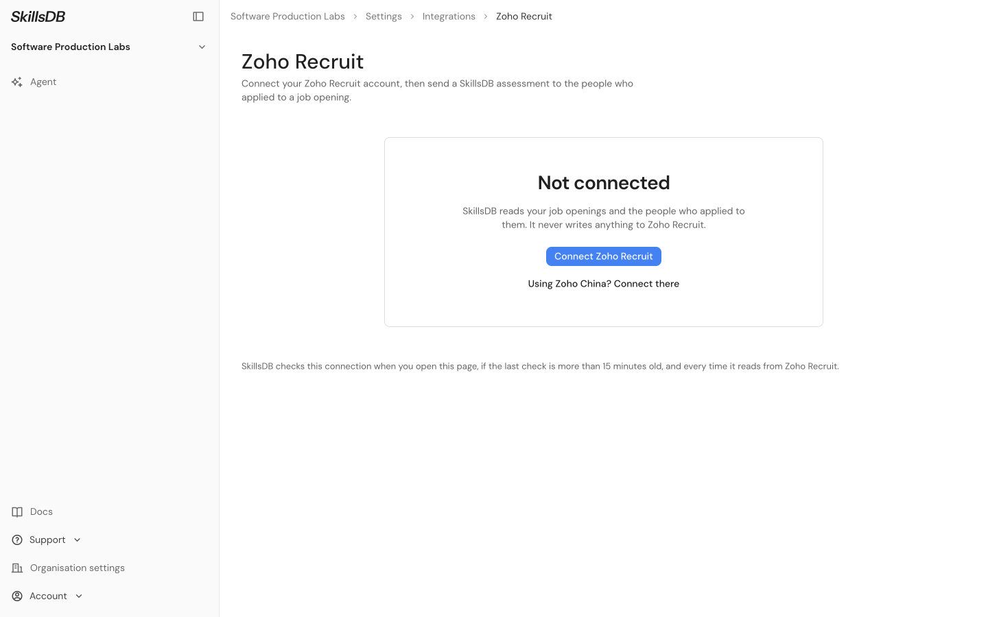 The Zoho Recruit page in SkillsDB before a connection is made, showing the Not connected panel, the Connect Zoho Recruit button and the Using Zoho China link